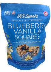 180 Snacks front packaging showing blueberry vanilla squares and benefits