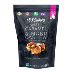 180 Snacks front packaging showing salted caramel almond cashew benefits