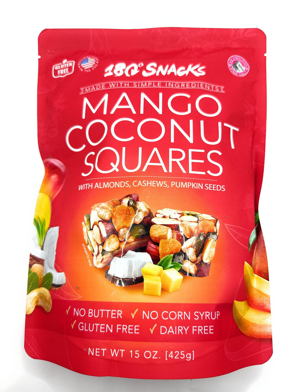 180 Snacks front packaging of mango coconut squares showing convenient portable benefit