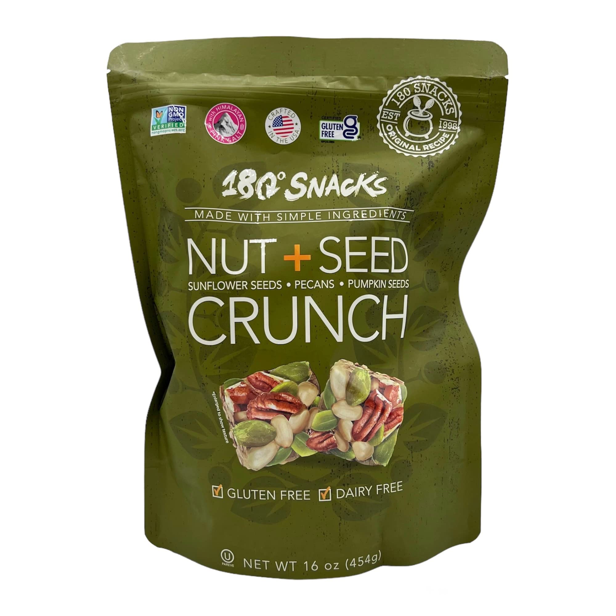 180 Snacks front packaging of nut and seed crunch showing bag and label, convenient freshness