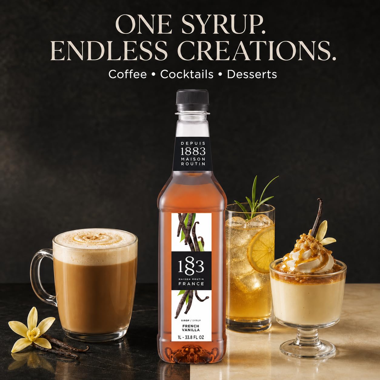 1883 MAISON ROUTIN syrup mixed into iced coffee showing even blending and chilled refreshment