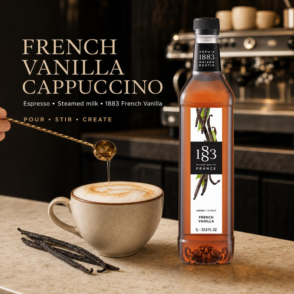 1883 MAISON ROUTIN vanilla syrup in a latte cup enhancing milk and crema for cafe-style drinks