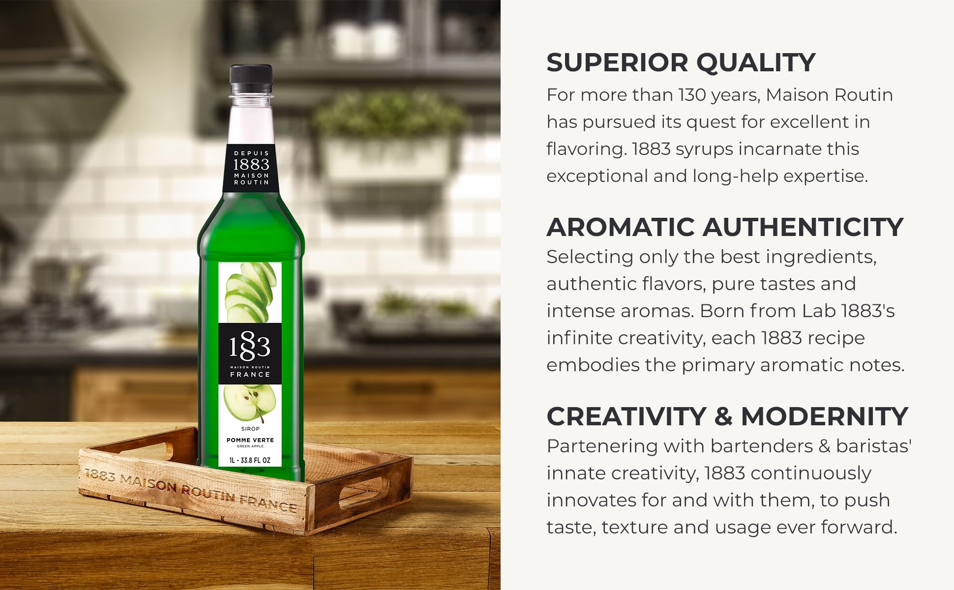 1883 Maison Routin green apple syrup mixed into iced tea for refreshment