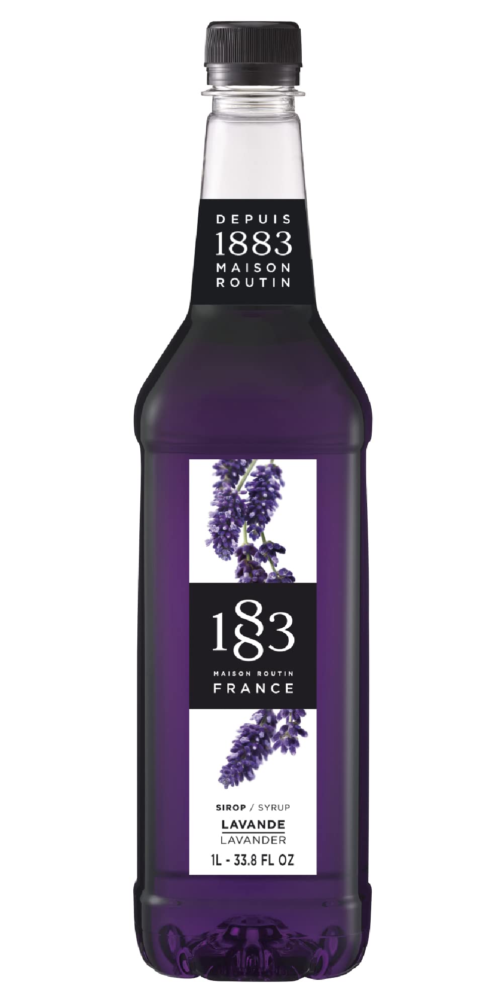 1883 MAISON ROUTIN front bottle shot showing lavender syrup and packaging benefit