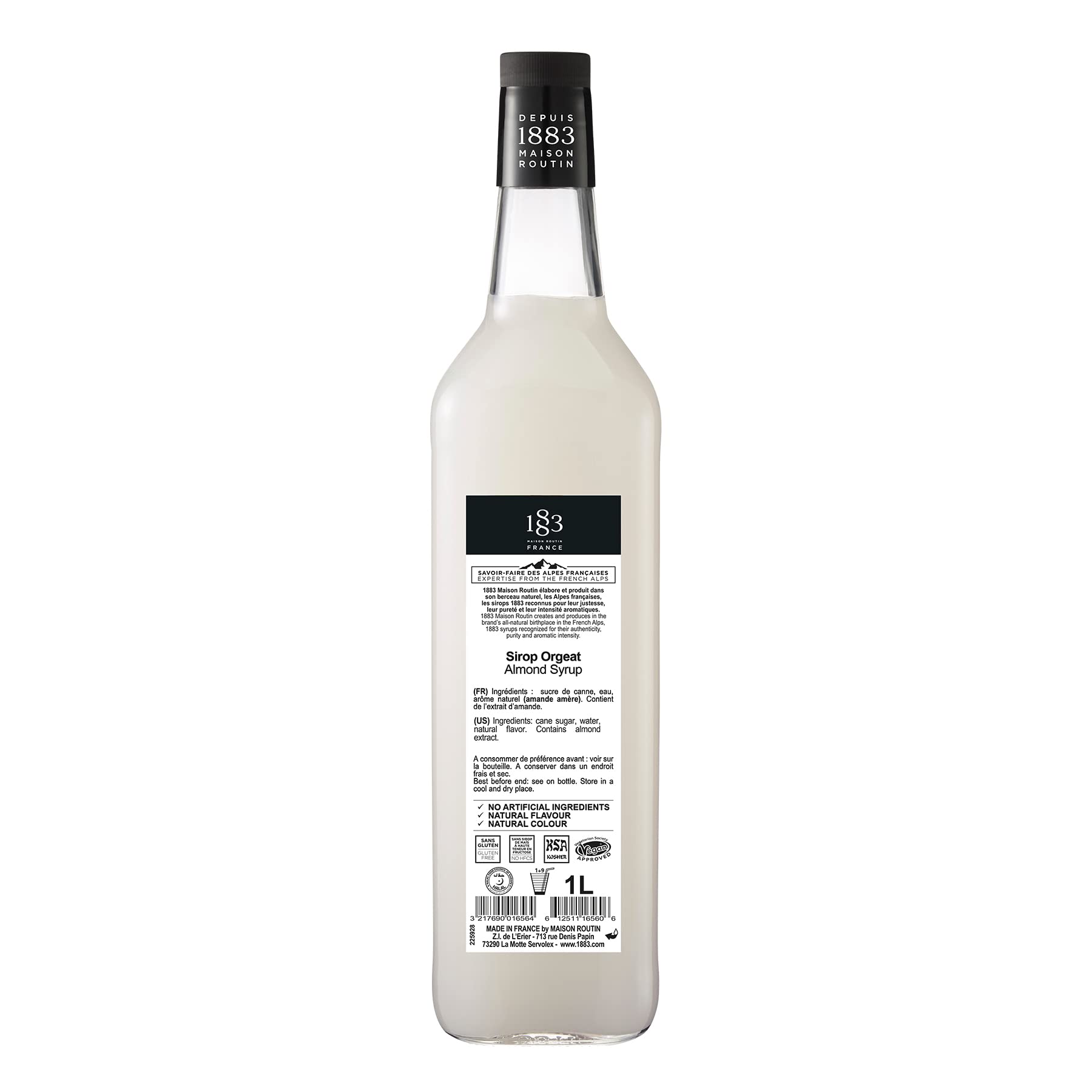 1883 MAISON ROUTIN label closeup highlighting almond flavor and French origin benefit