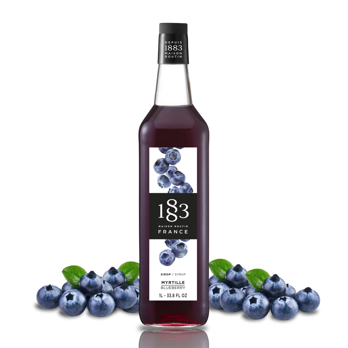 1883 Maison Routin front bottle view showing blueberry syrup and premium branding