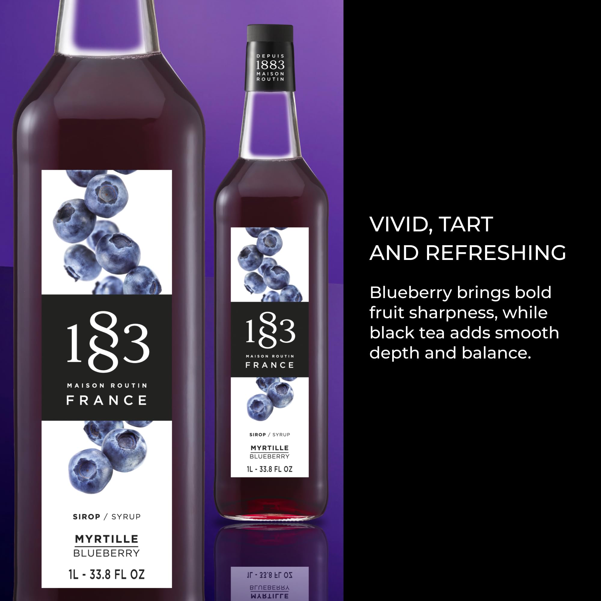 1883 Maison Routin syrup texture dripping to show smooth concentrated blueberry taste