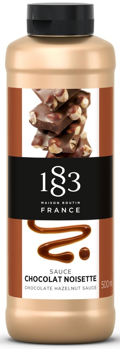 1883 Maison Routin front bottle showing chocolate hazelnut flavor and premium French quality