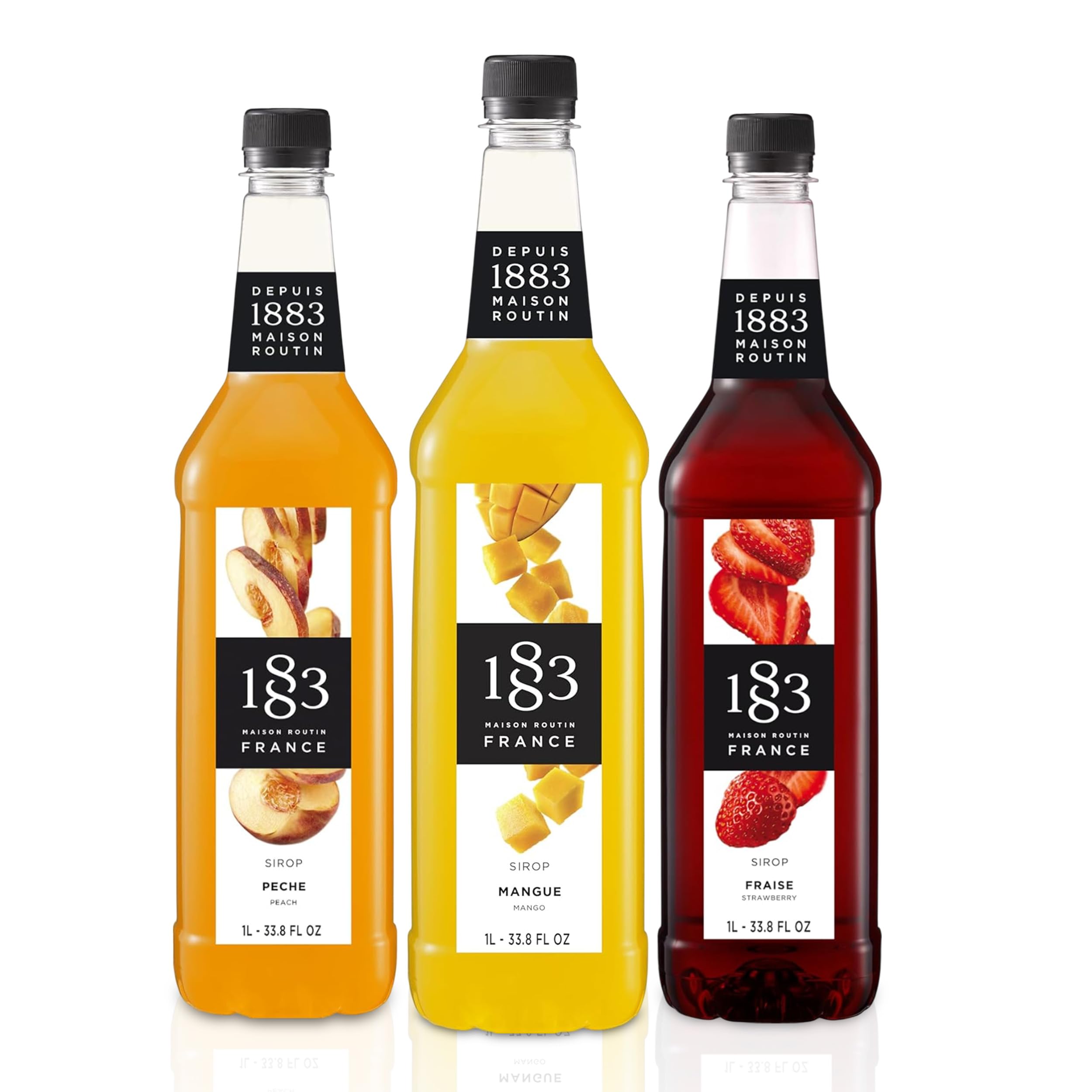 1883 MAISON ROUTIN pack front showing three 1L bottles and bright fruit colors for convenience