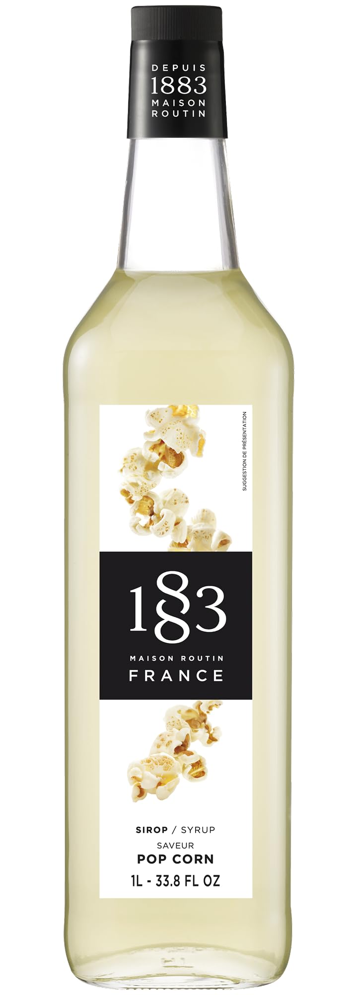 1883 Maison Routin popcorn syrup front bottle showing elegant glass and label for premium display
