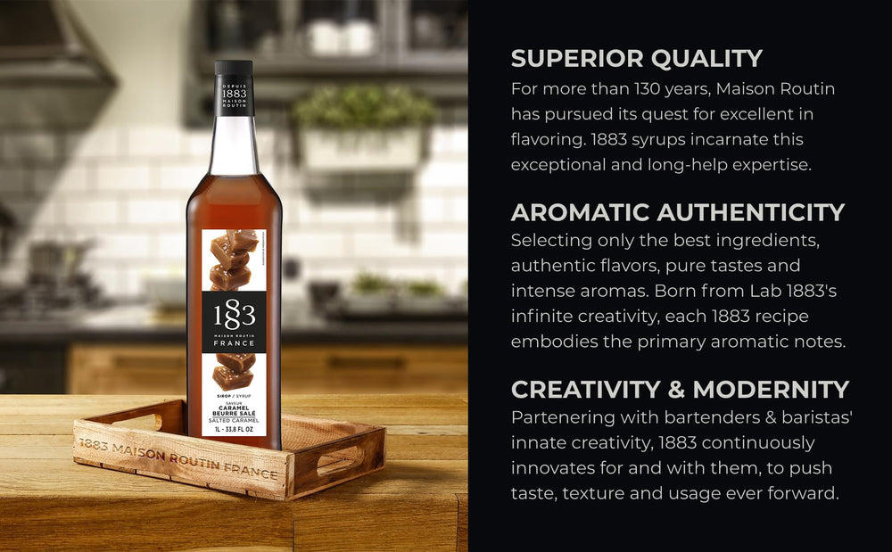 1883 Maison Routin syrup drizzled over dessert adding gourmet finishing touch