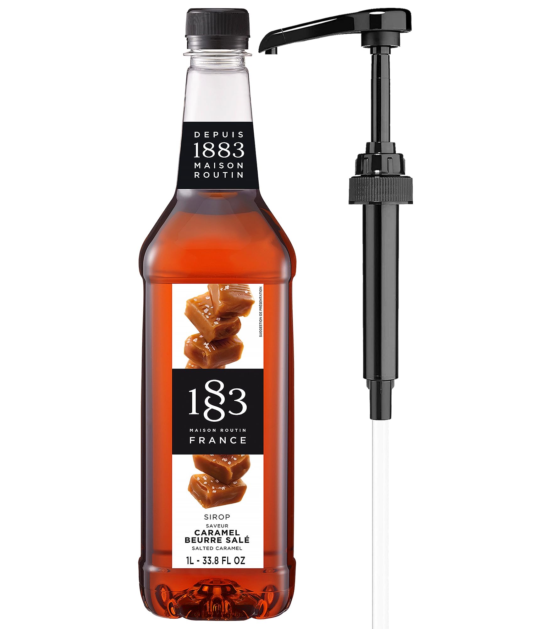 1883 Maison Routin front packaging showing 1L bottle and pump, showcasing convenience