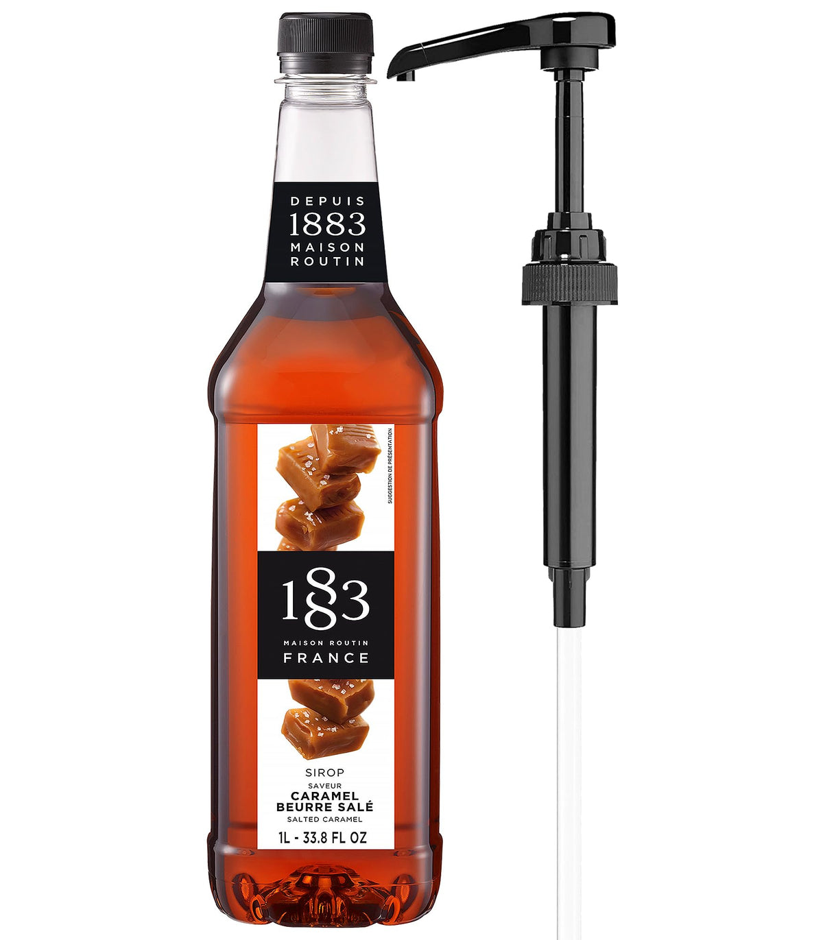 1883 Maison Routin front packaging showing 1L bottle and pump, showcasing convenience