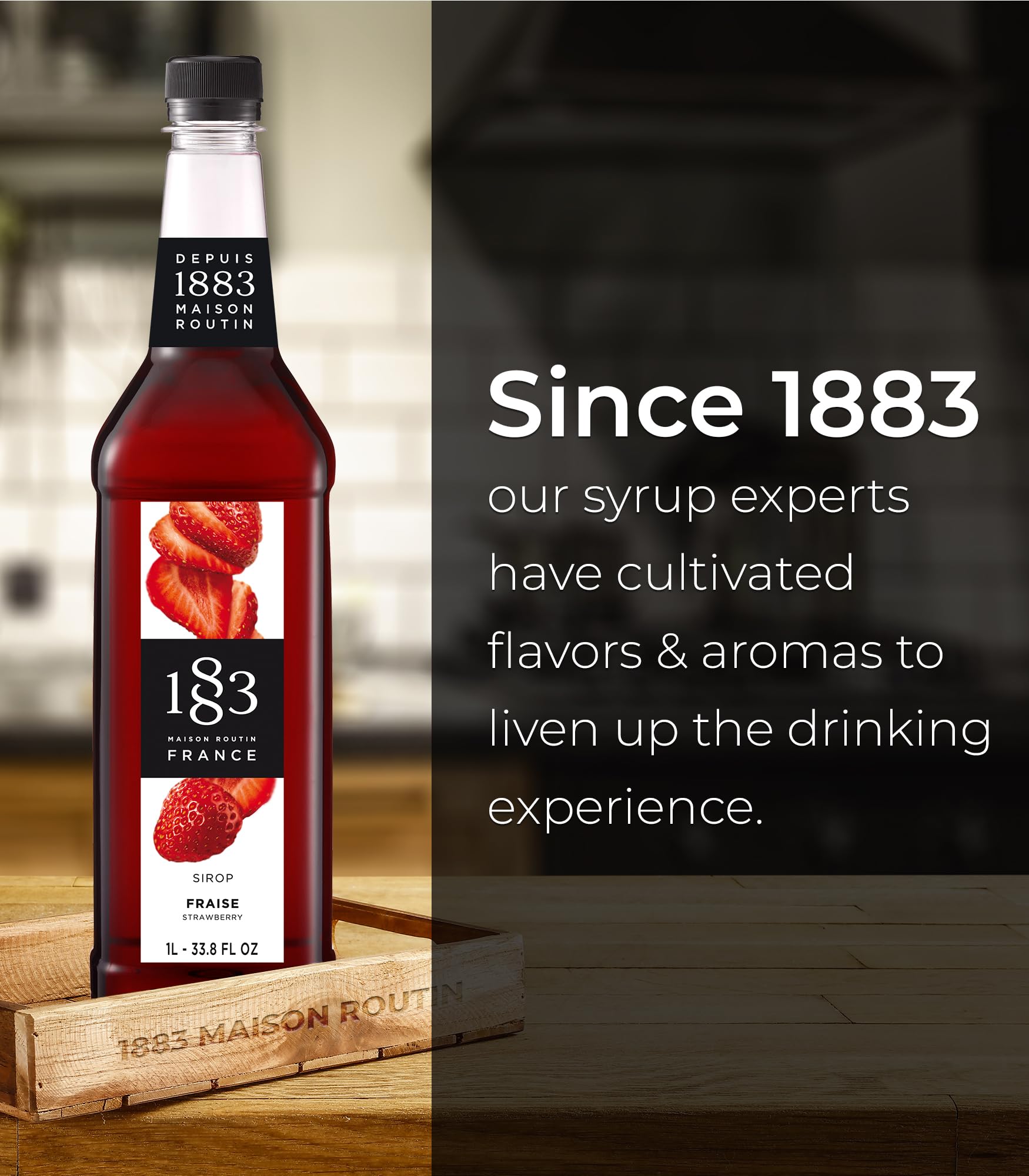 1883 MAISON ROUTIN syrup on spoon showing viscous texture and rich strawberry flavor