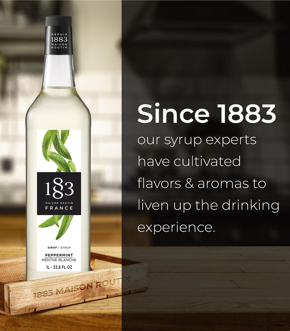 1883 peppermint syrup ingredient focus with mint leaves suggesting natural-tasting flavor