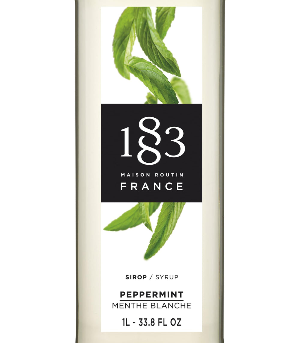 1883 peppermint syrup label closeup highlighting brand and flavor for accurate selection