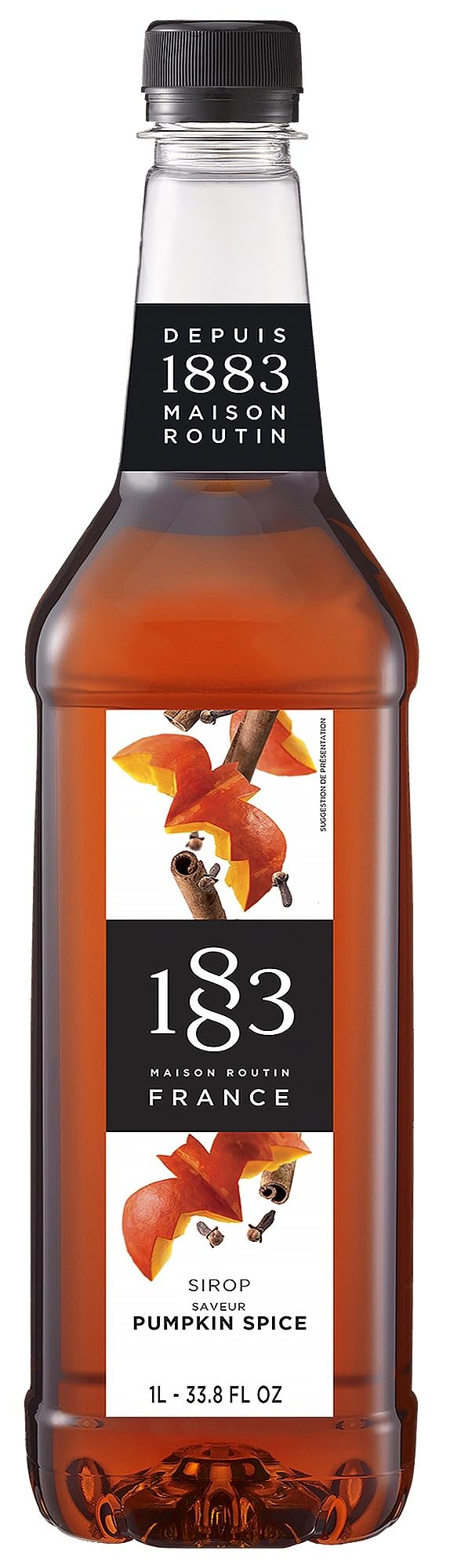 1883 MAISON ROUTIN front view of 1L pumpkin spice bottle showing packaging and size benefit