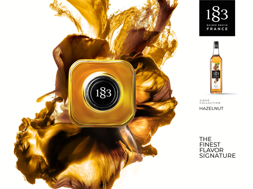 1883 Maison Routin label close-up highlighting roasted hazelnut flavor authenticity