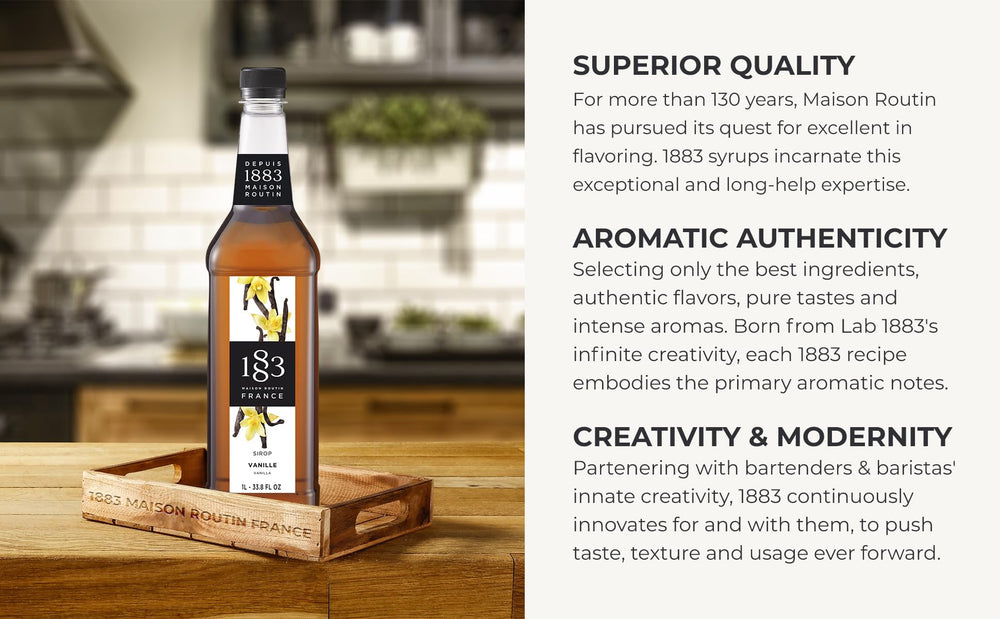 1883 MAISON ROUTIN syrup pouring into coffee for balanced flavor