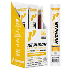 1st Phorm front packaging showing breakfast sausage sticks and nutrition benefits