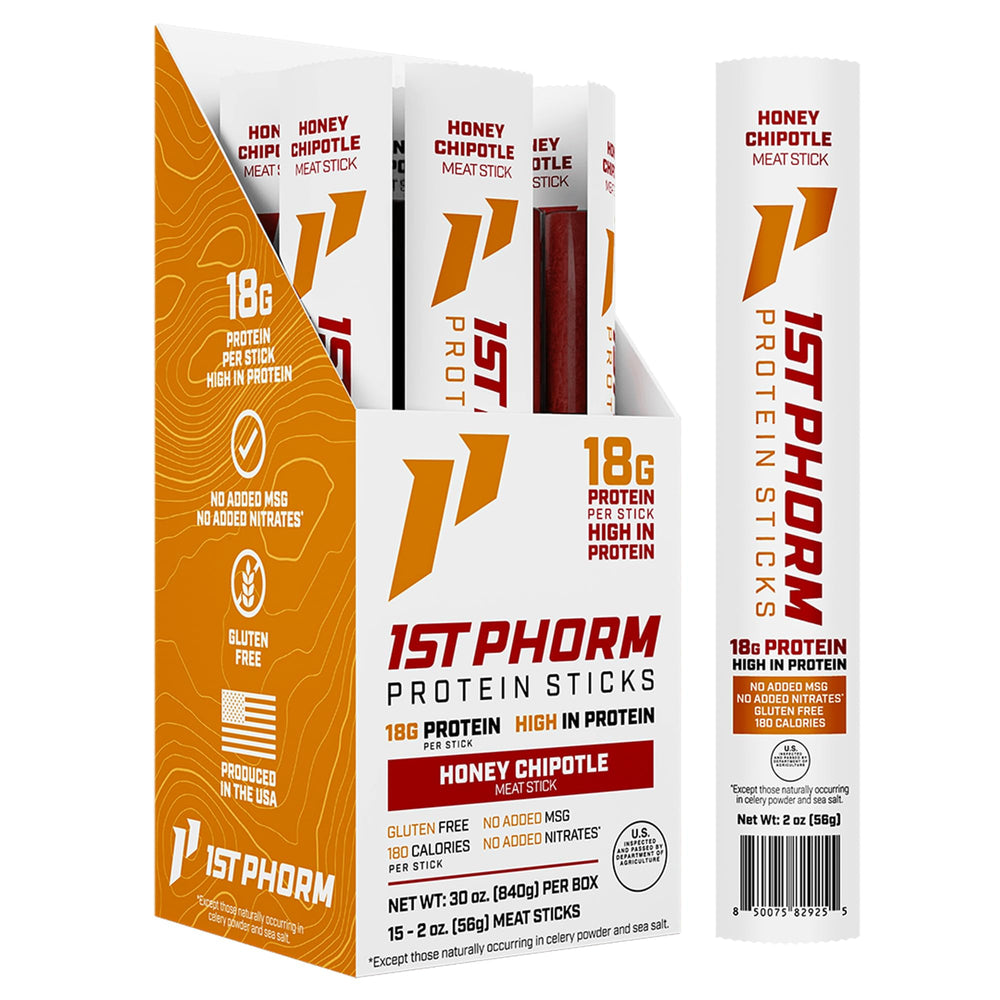 1st Phorm front packaging showing Honey Chipotle sticks and benefits