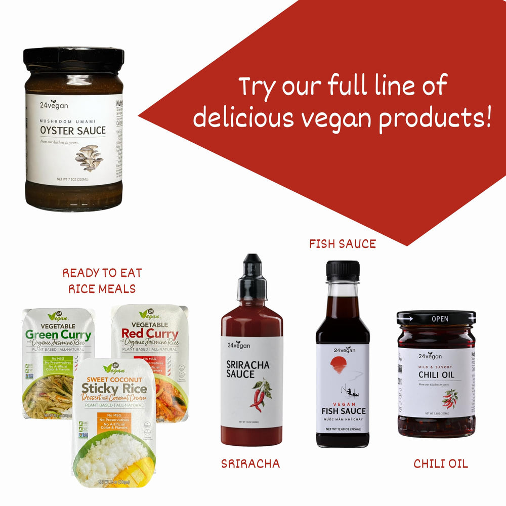 24 VEGAN bottle next to ingredients illustrating size and pantry-ready scale