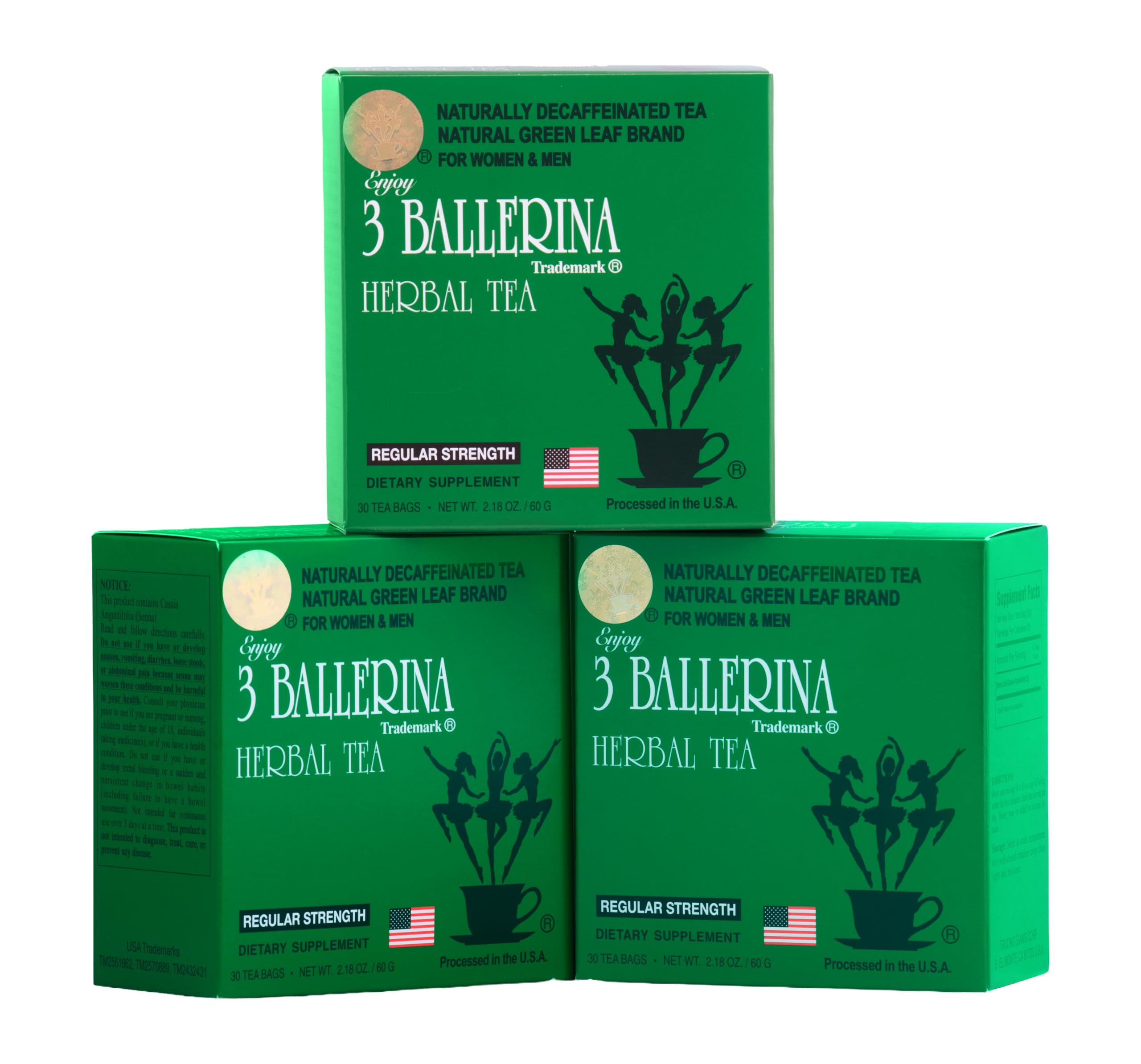 3 Ballerina front packaging showing three tea boxes and benefit of steady support