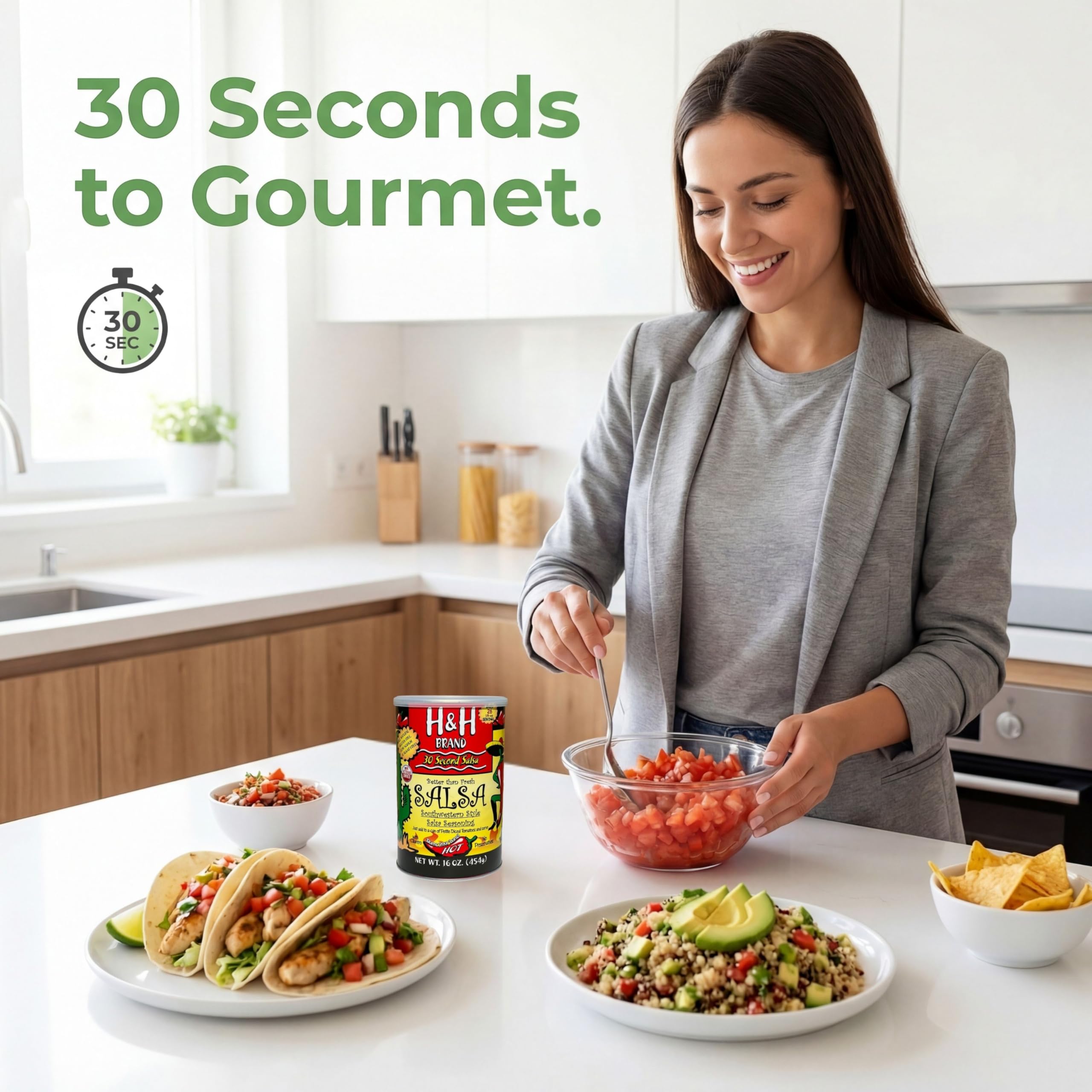 30 SECOND SALSA mixing powder into chopped tomatoes for fast salsa