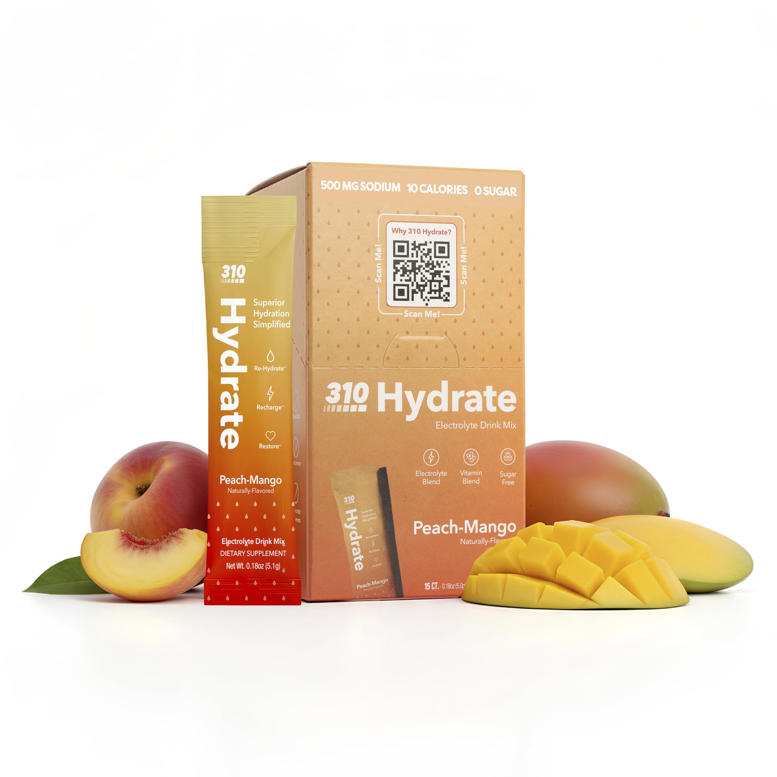 310 Nutrition front packaging showing 15 single-serve sticks and peach mango branding benefits quick hydration