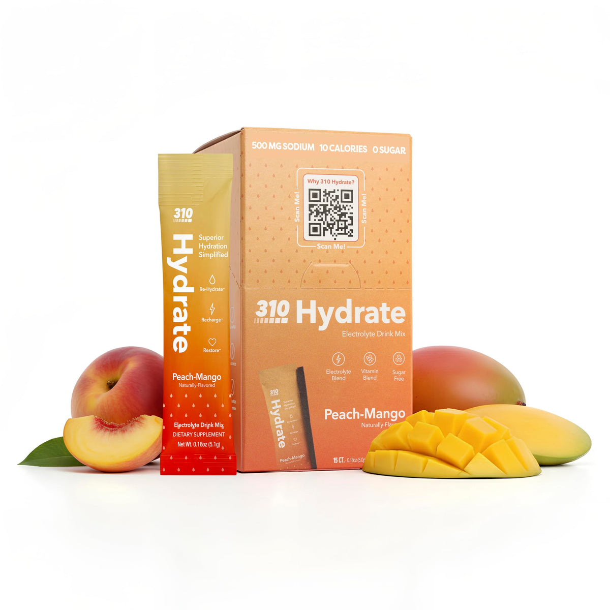 310 Nutrition front packaging showing 15 single-serve sticks and peach mango branding benefits quick hydration