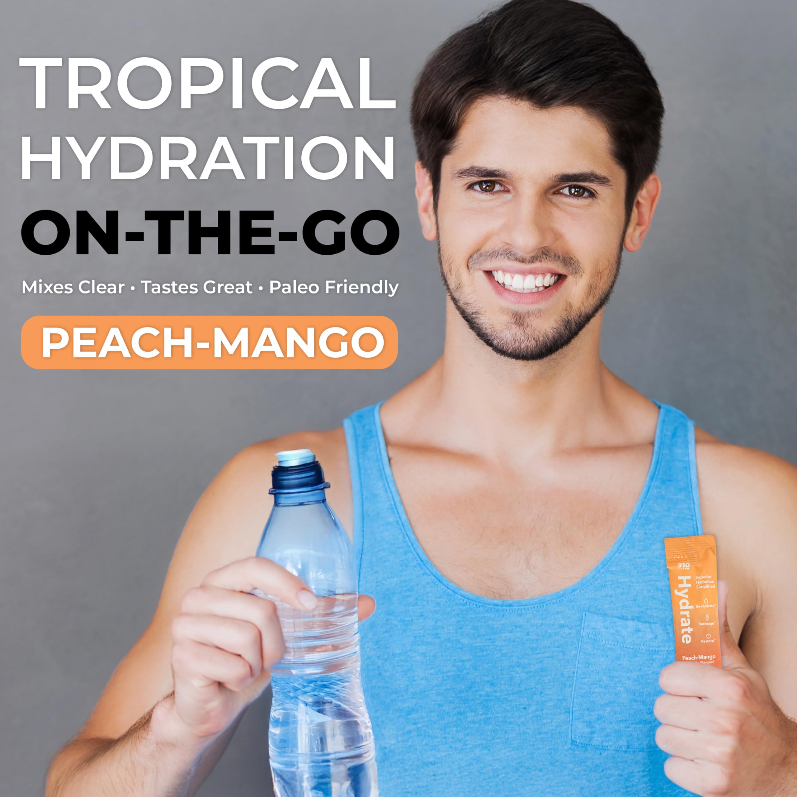 310 Nutrition powder texture spilling into water to show fast-mixing, easy hydration