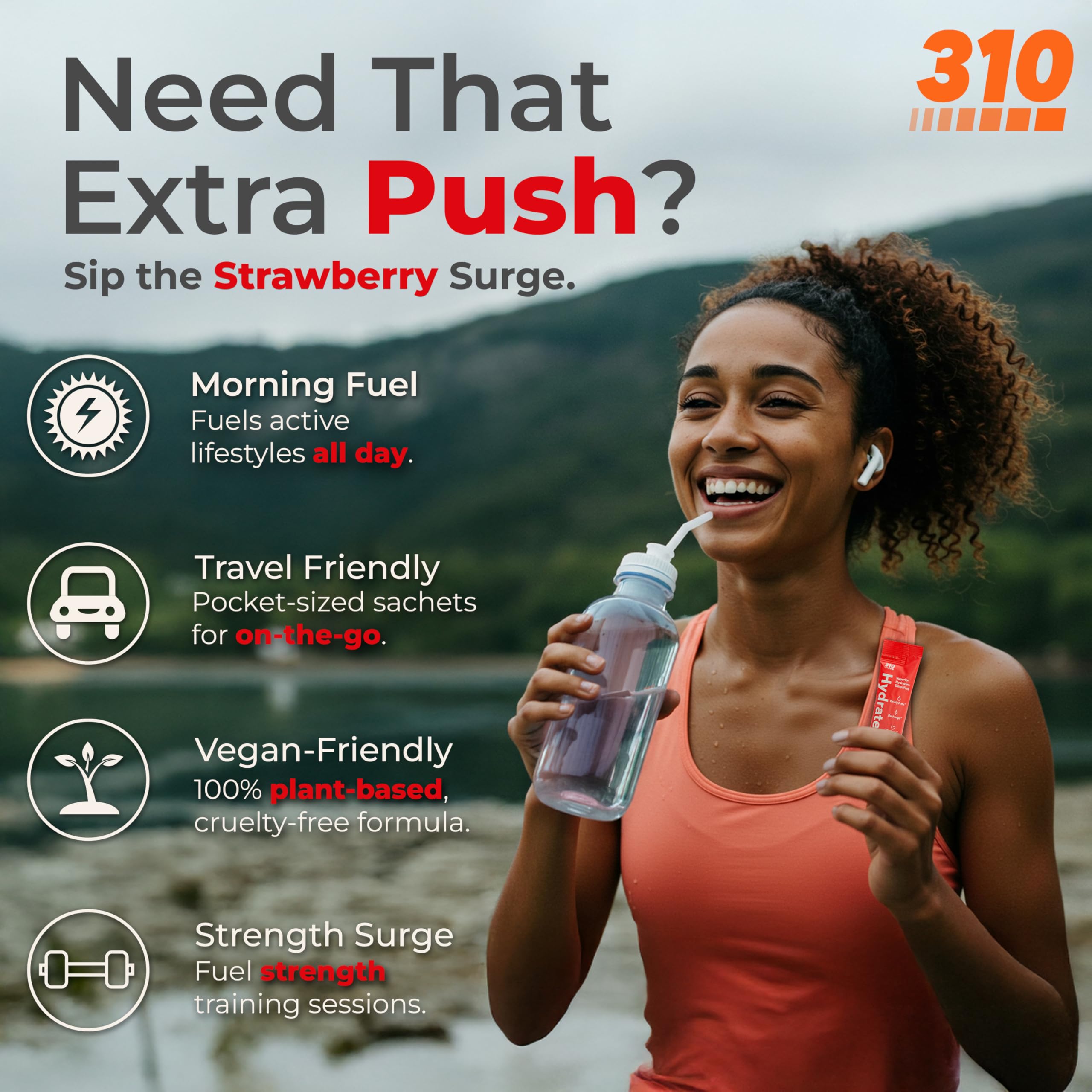 310 Nutrition packet beside a ruler illustrating compact size for easy carrying benefit