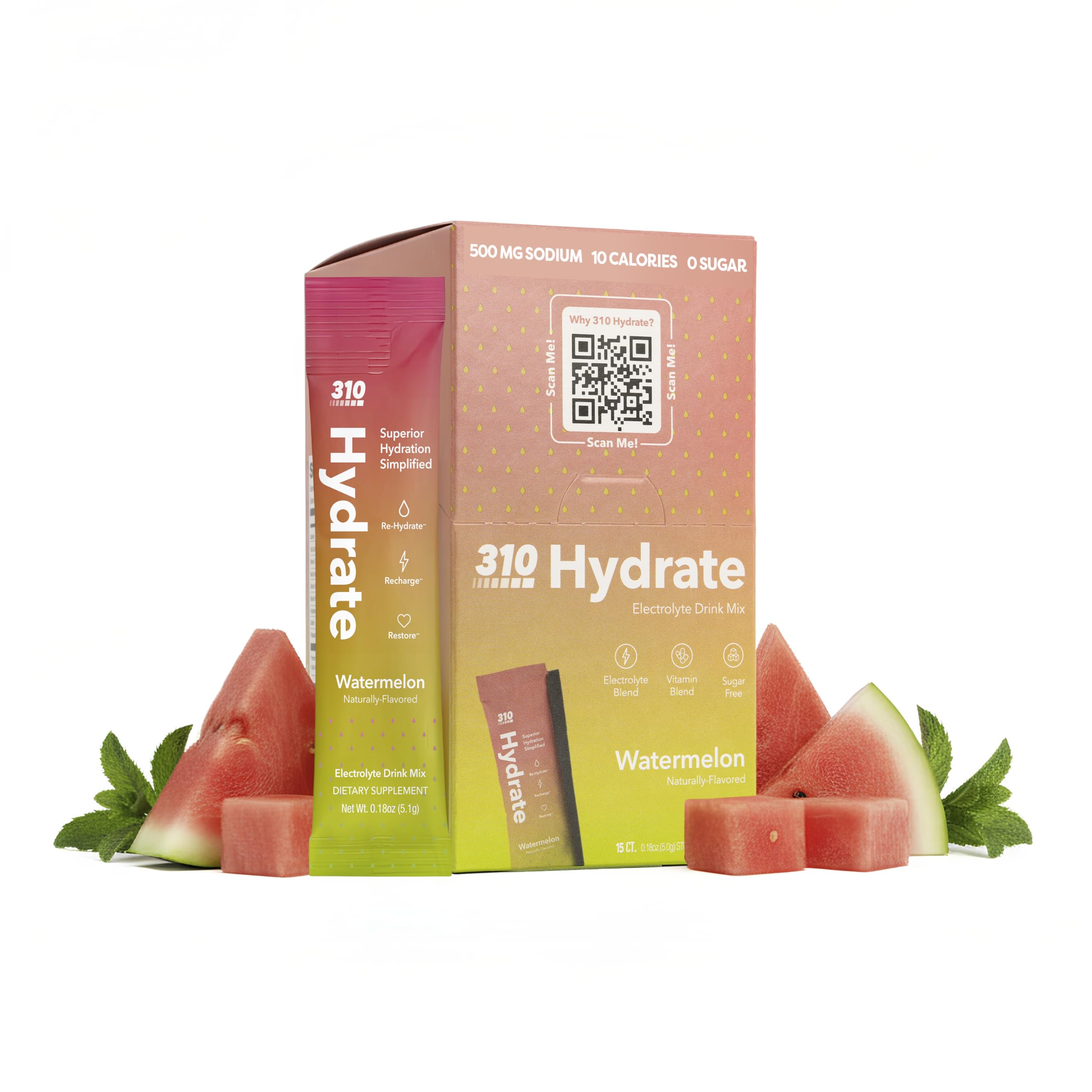 310 Nutrition watermelon box front showing 15 single-serve packets for convenient hydration