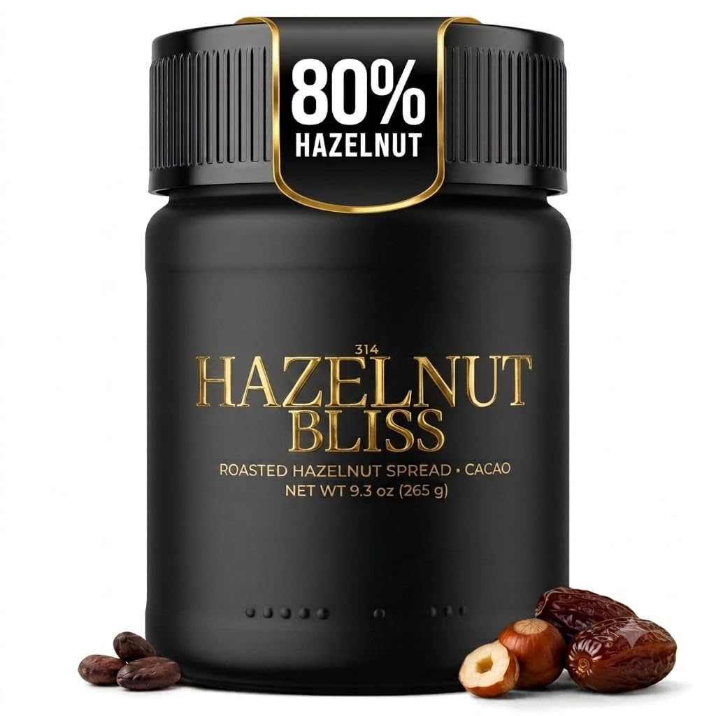 314 hazelnut bliss front packaging showing jar and label, highlights premium ingredients