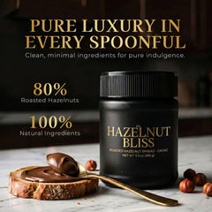 314 hazelnut bliss jar open with visible paste, invites tasting and scooping