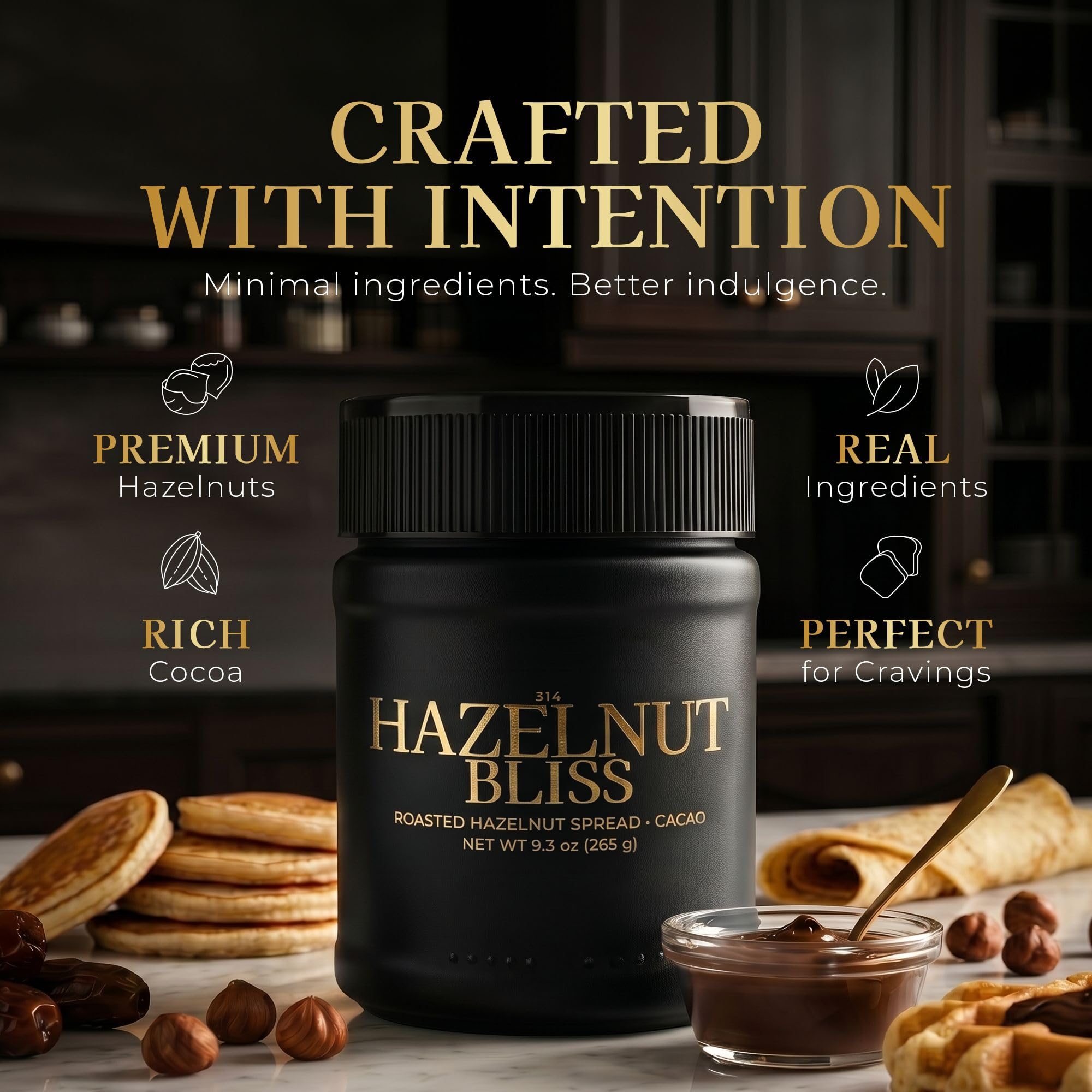 314 hazelnut bliss label detail showing ingredient list, emphasizes three-ingredient purity