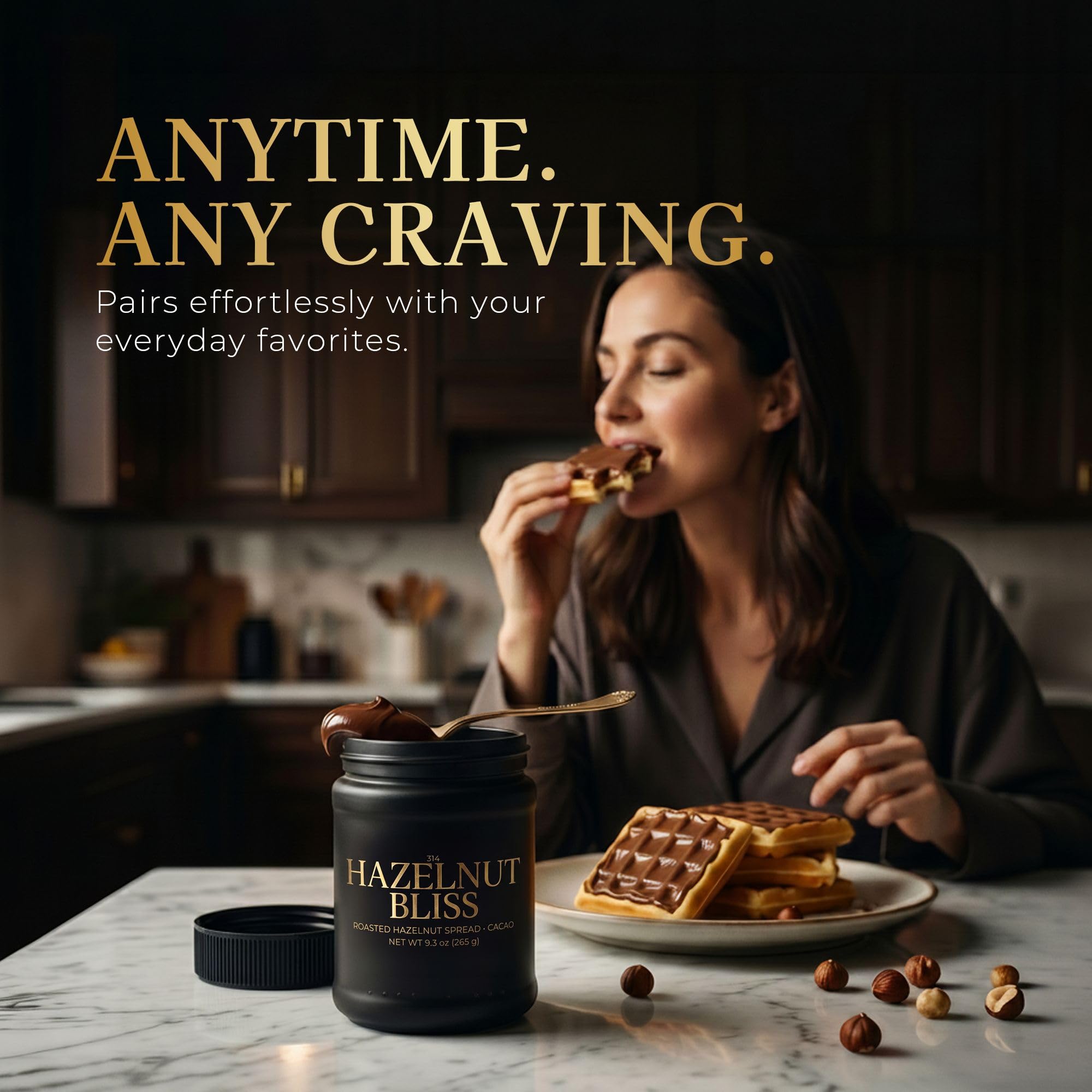 314 hazelnut bliss jar beside a measuring scale, indicates high 80% hazelnut content