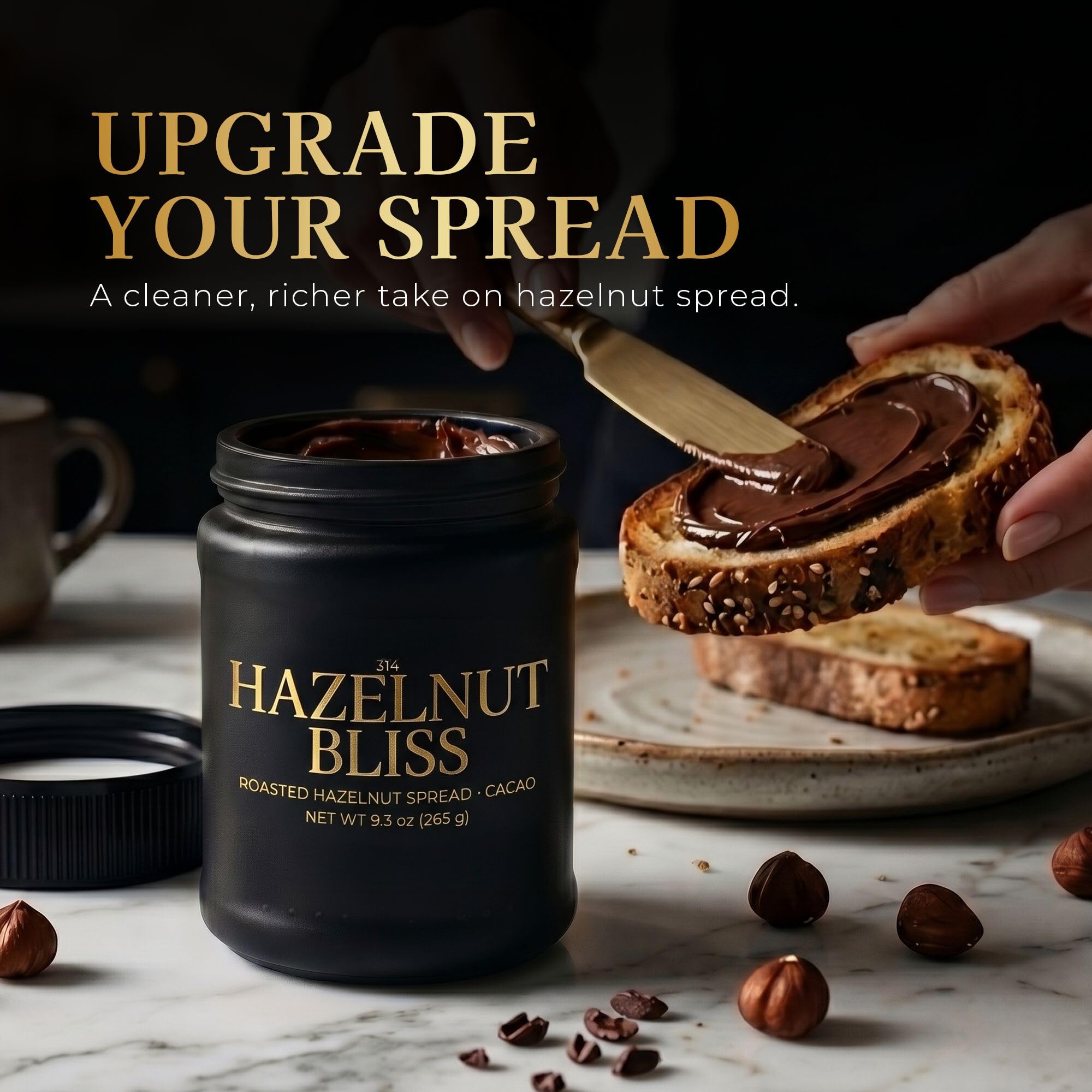 314 hazelnut bliss swirled into yogurt bowl, displays creamy mixability and natural sweetness