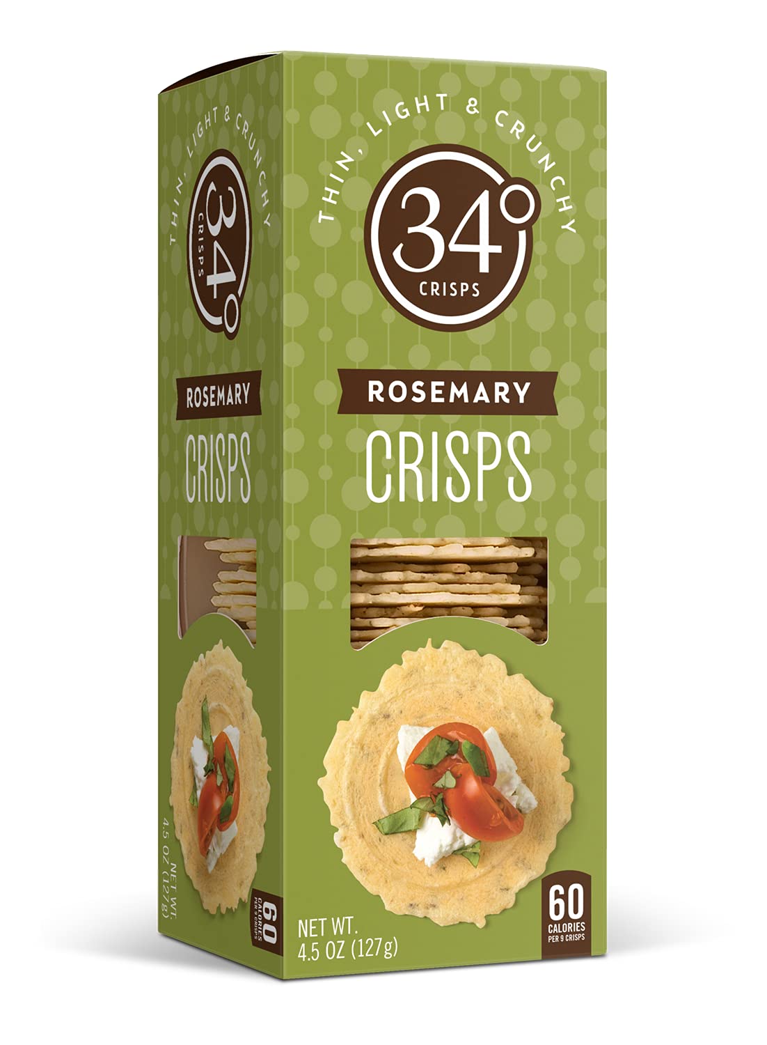 34° close-up showing thin crisp texture and delicate rosemary flecks