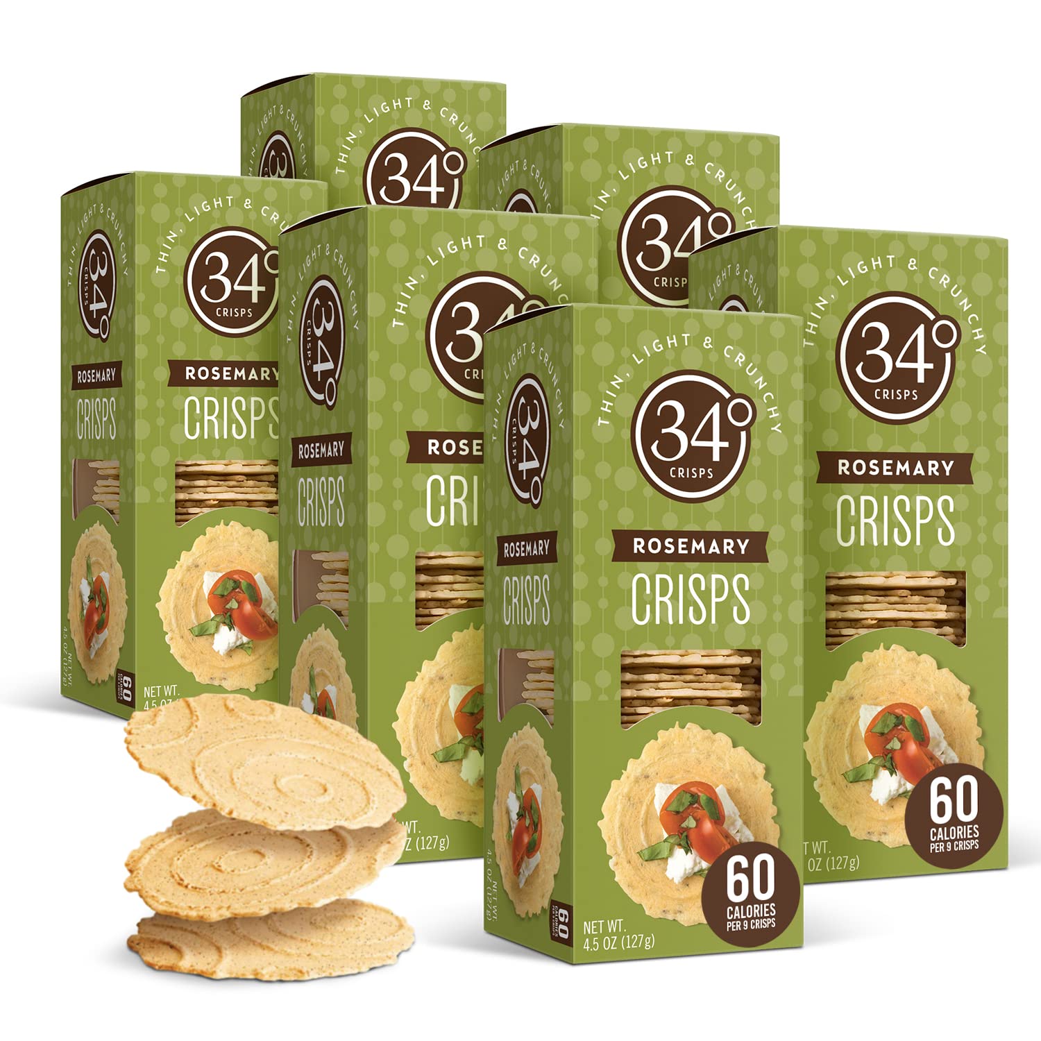 34° front packaging highlighting rosemary crisps and six-pack value