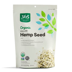 365 by Whole Foods Market front packaging showing organic hemp seeds and benefits