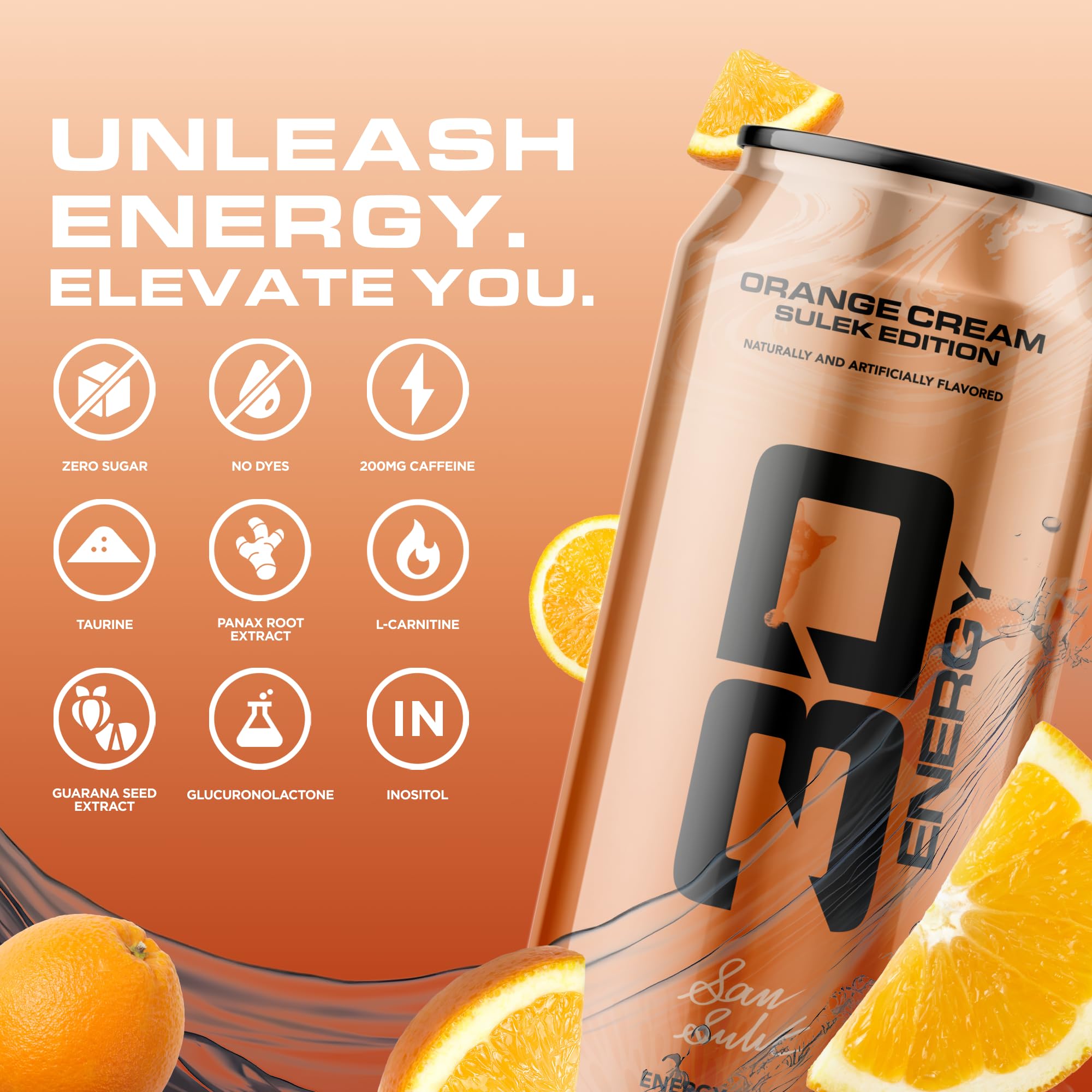 3D Orange Cream label close-up listing 200 mg caffeine and taurine for ingredient transparency