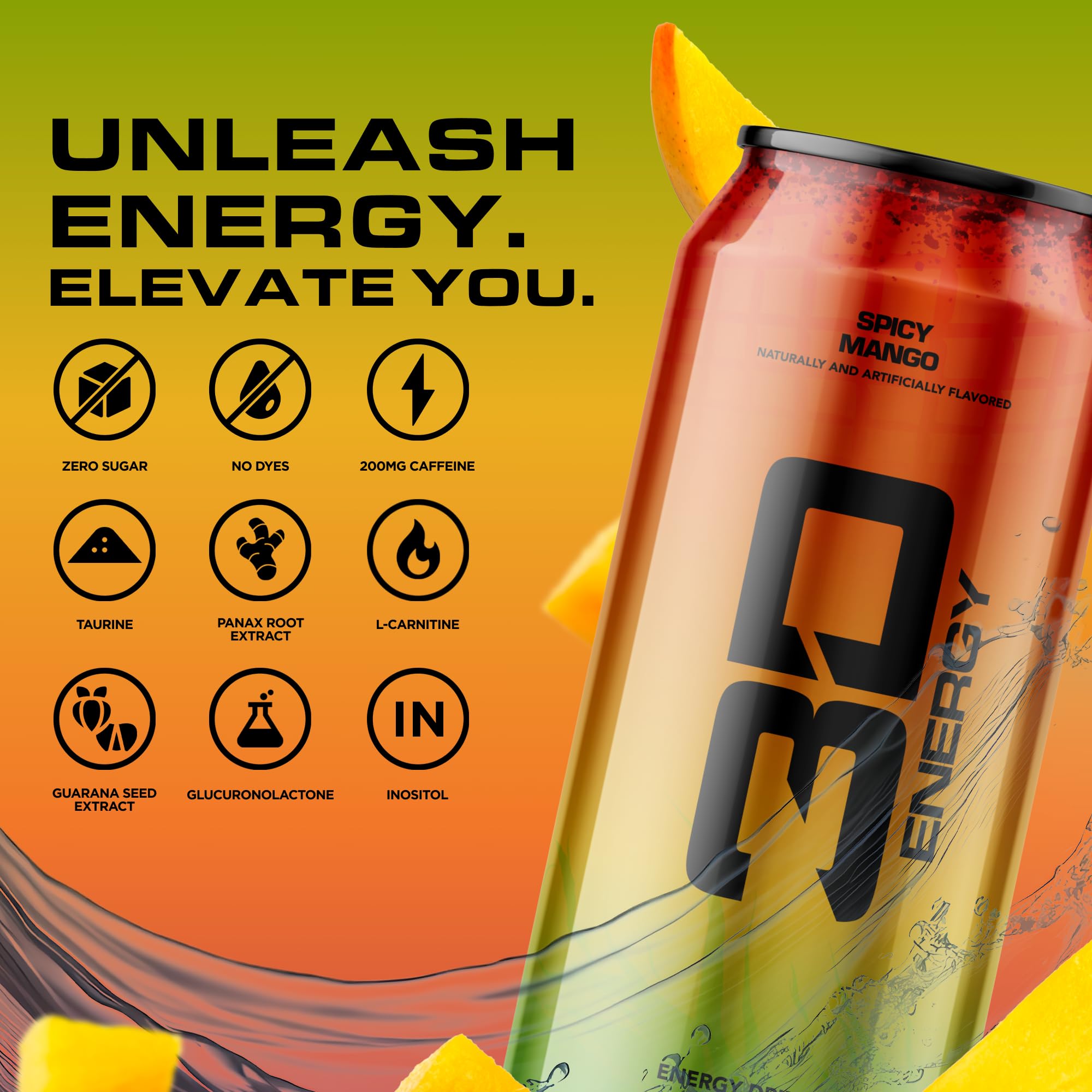 3D nutrition and ingredient label showing caffeine amount and sugar-free benefit