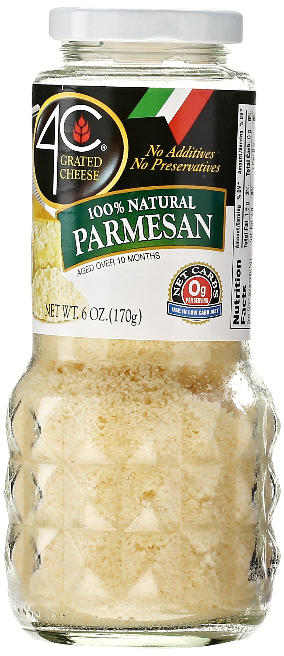 4C front packaging of 6 oz grated Parmesan shows natural label and no additives benefit