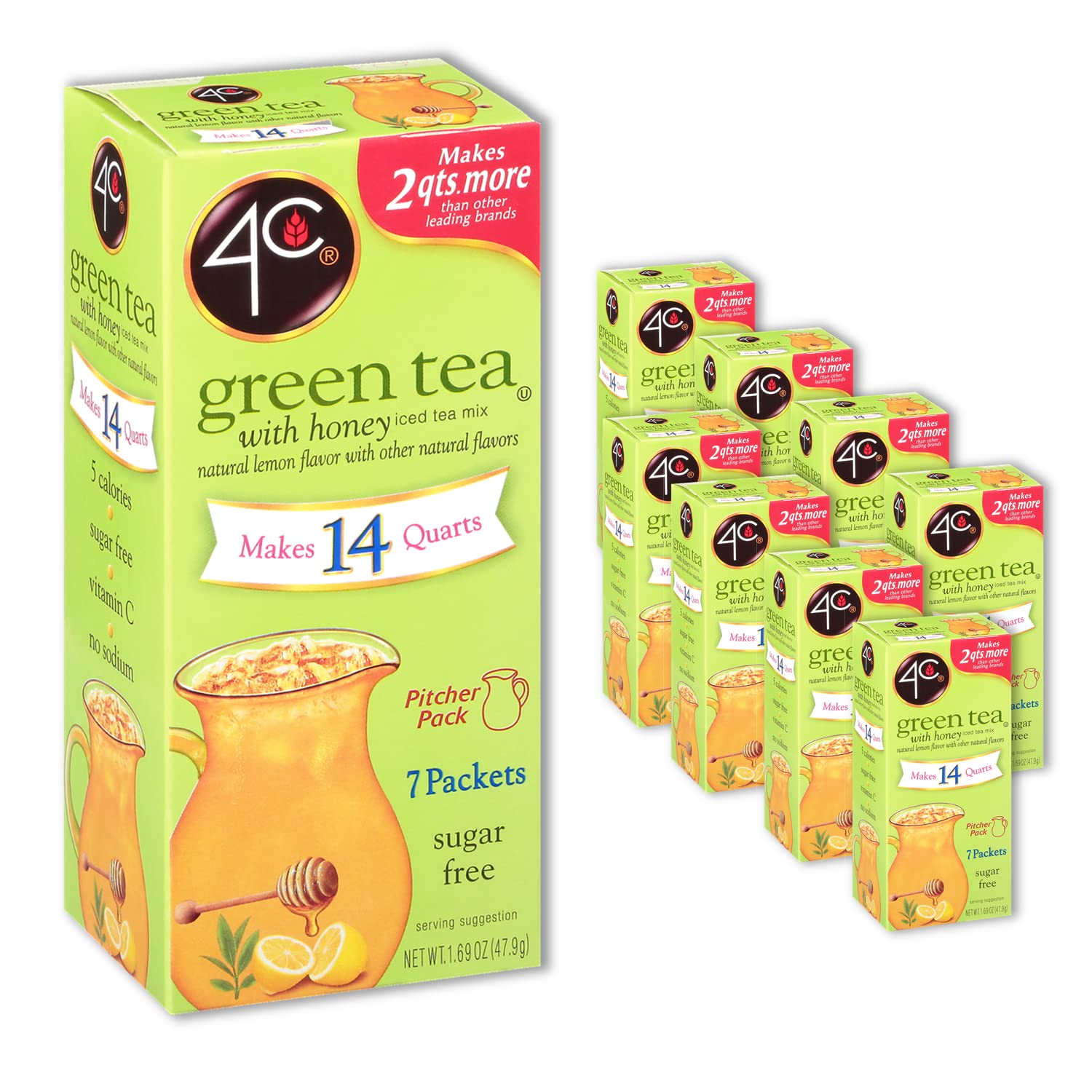 4C front packaging showing green tea pitcher pack and quantity benefit