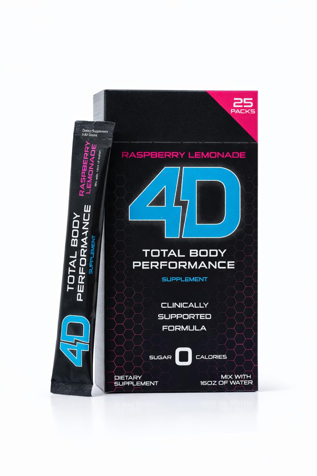 4D front packaging showing 25 packets and clear benefits on label