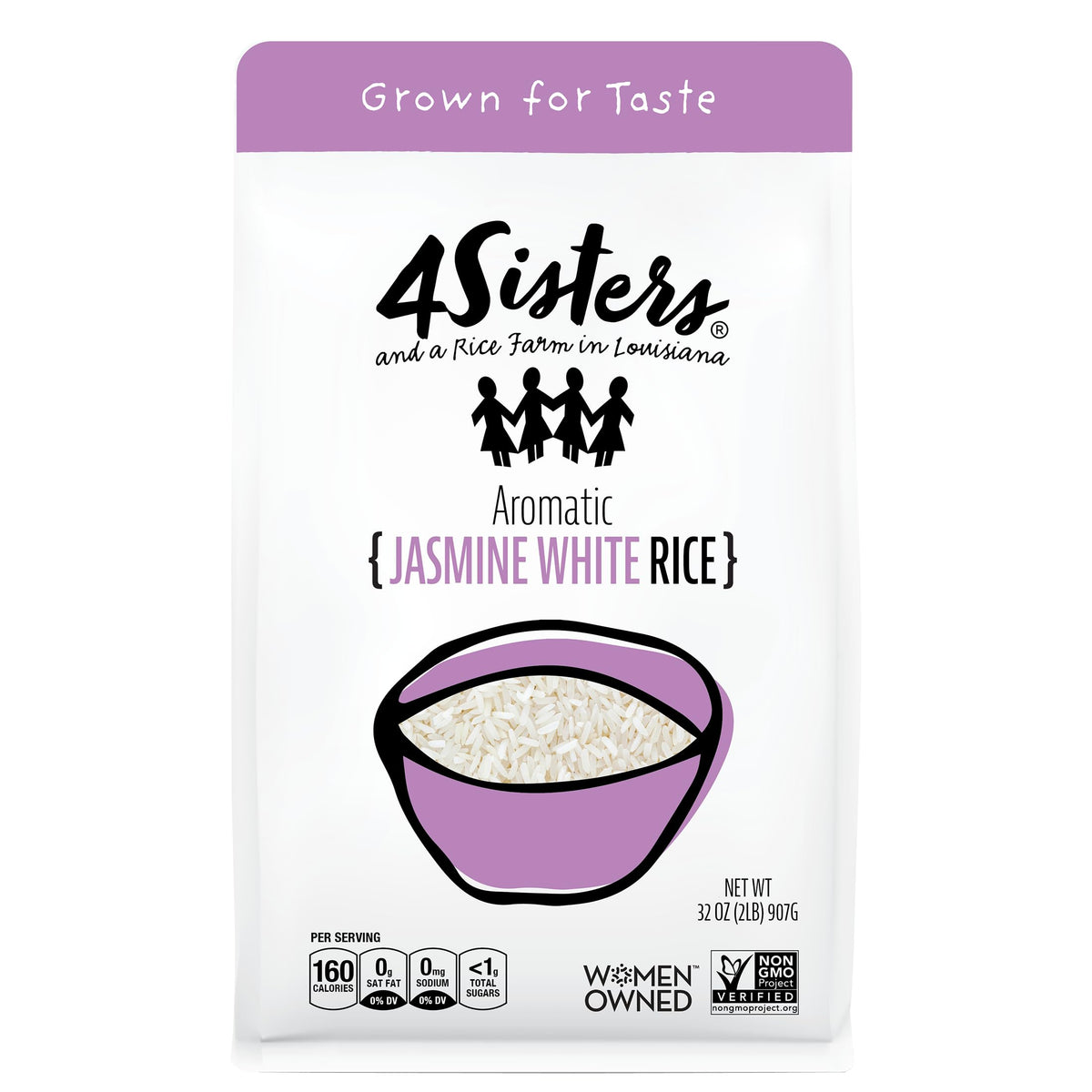 4Sisters front packaging 2lb bag showing brand and jasmine rice benefits