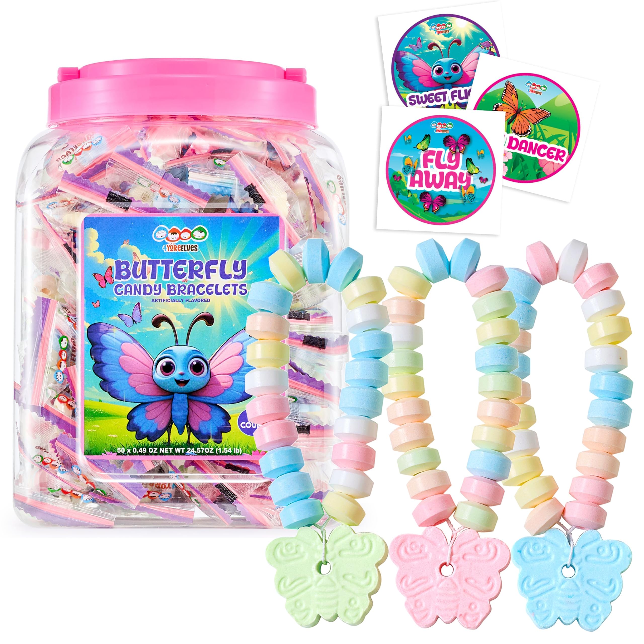 4YoreElves front packaging showing 50 butterfly candy bracelets and neat display
