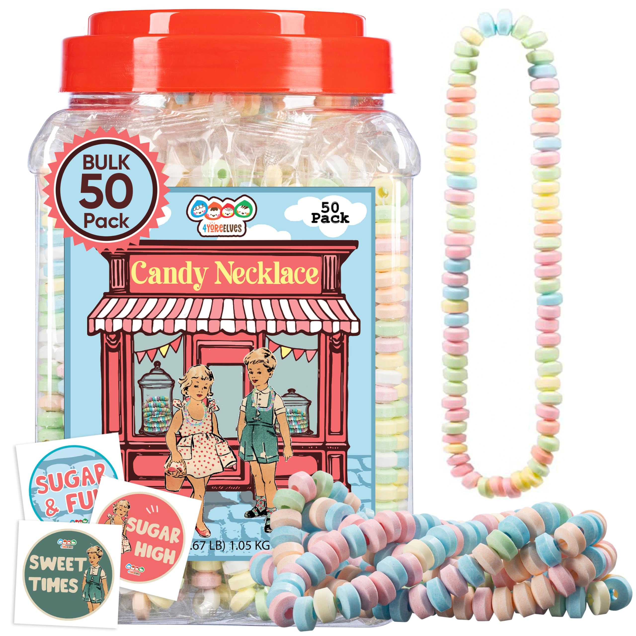 4YoreElves front packaging showing 50 candy necklaces for easy party favors