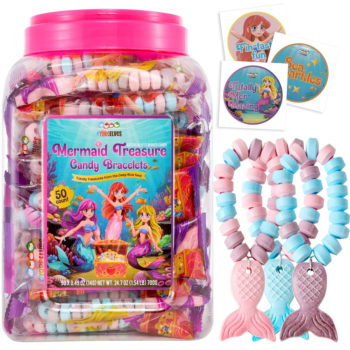 4YoreElves front packaging showing 50 mermaid candy bracelets for easy display